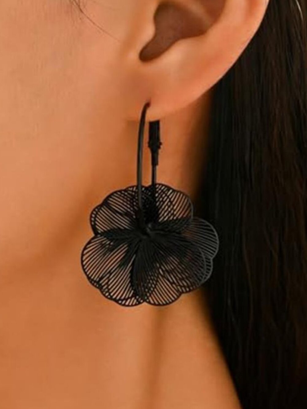 Black Large Flower Earrings Statement Floral Dangle Drop Earrings Women